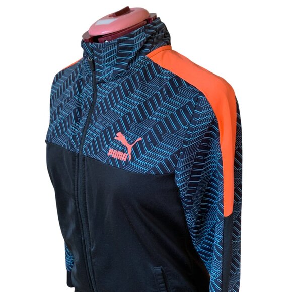 PUMA Kids Track Jacket Size Large 14-16 Black Teal Orange Logo Pattern Full Zip - Picture 4 of 10
